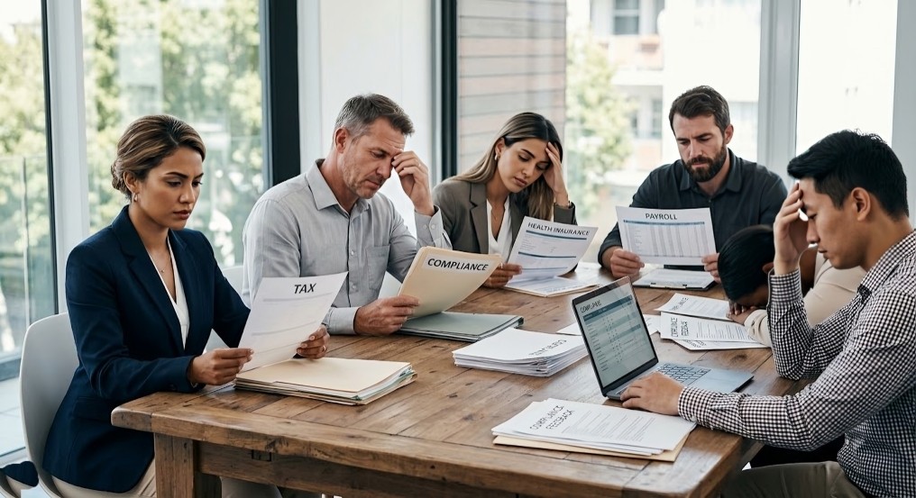 Team of managers overwhelmed by tax, compliance, payroll and health insurance paperwork while trying to manage an employee directly